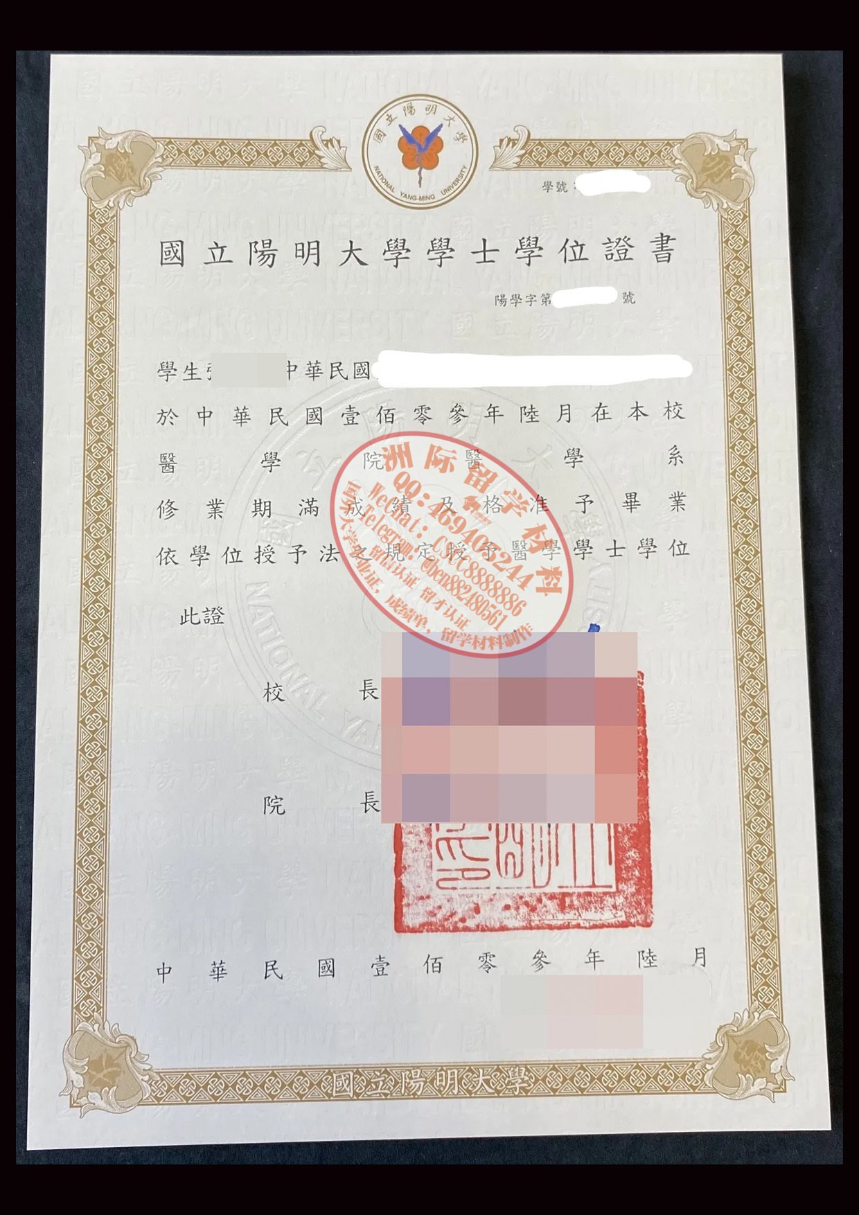 国立阳明大学毕业证样本